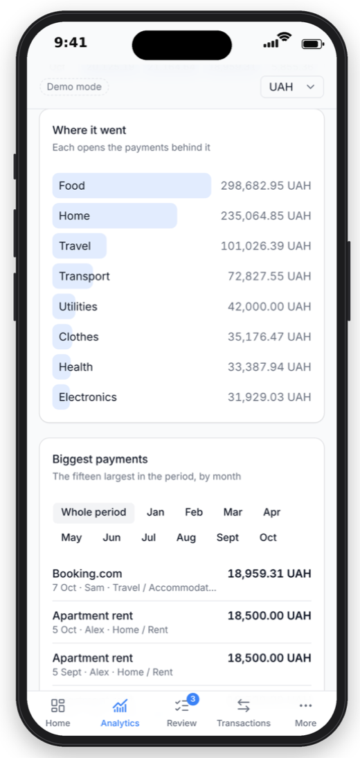 Where it went: categories and the biggest payments